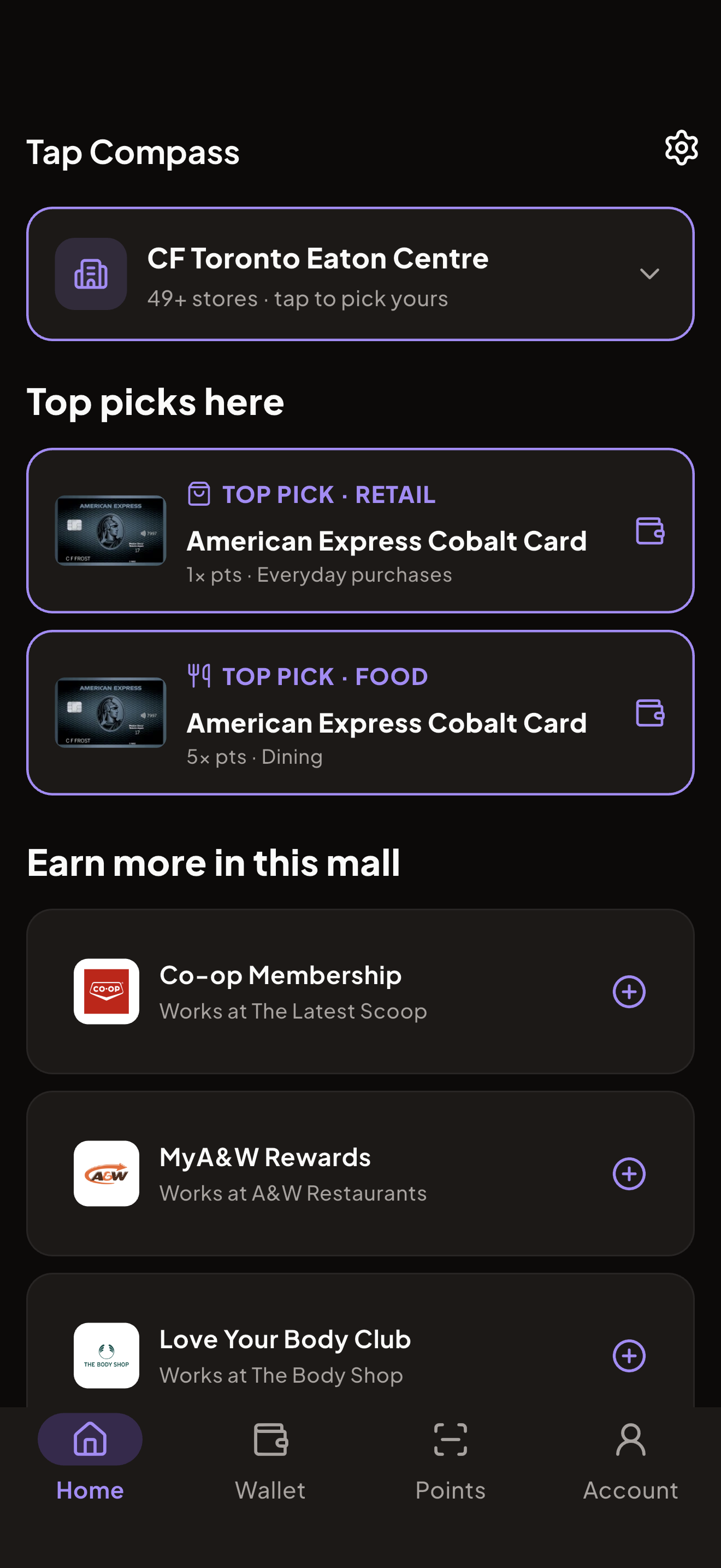 Tap Compass home: the top card to tap at the store you are in
